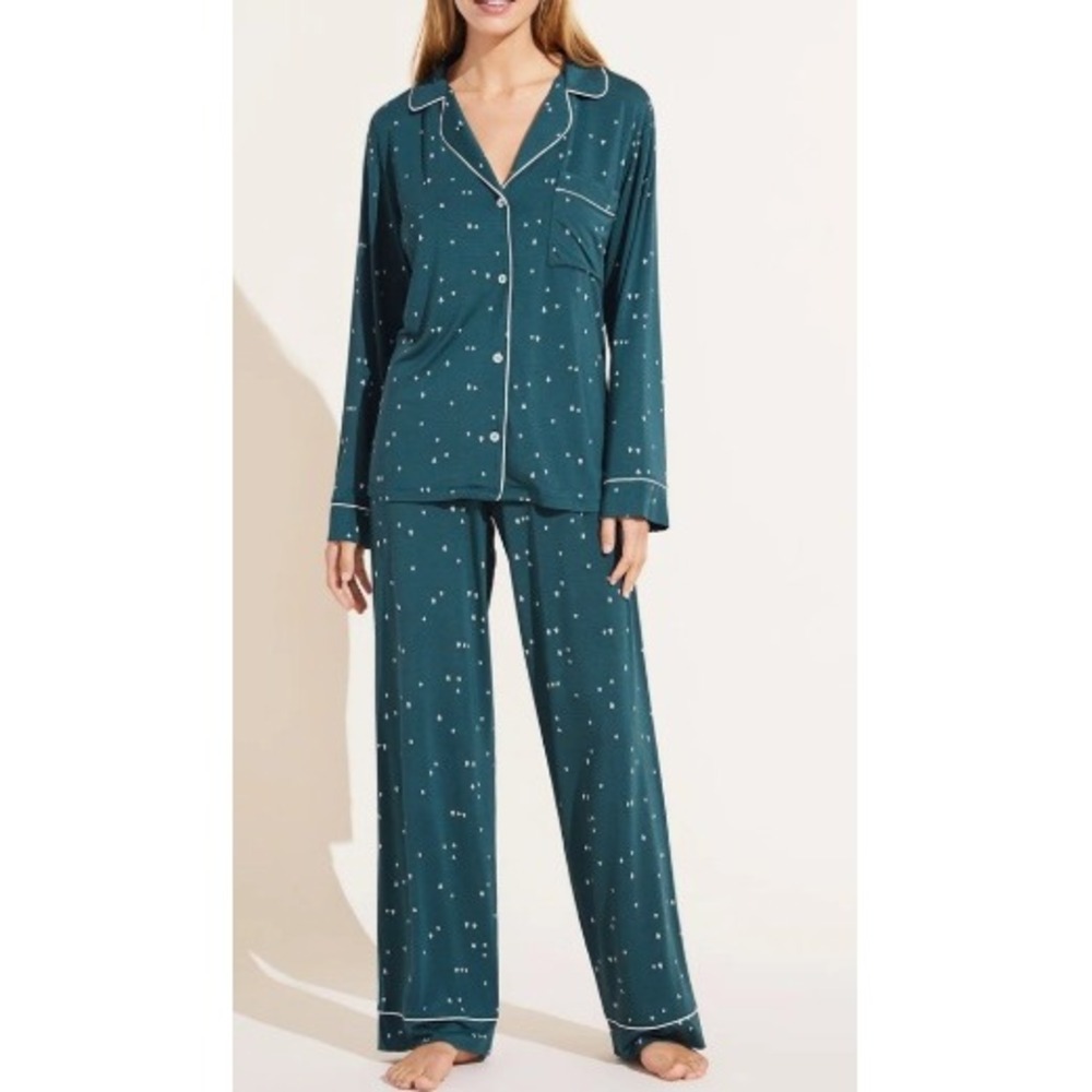 Eberjey Gisele Long Sleeve Pajama Set Green Tree Print Modal Jersey Large